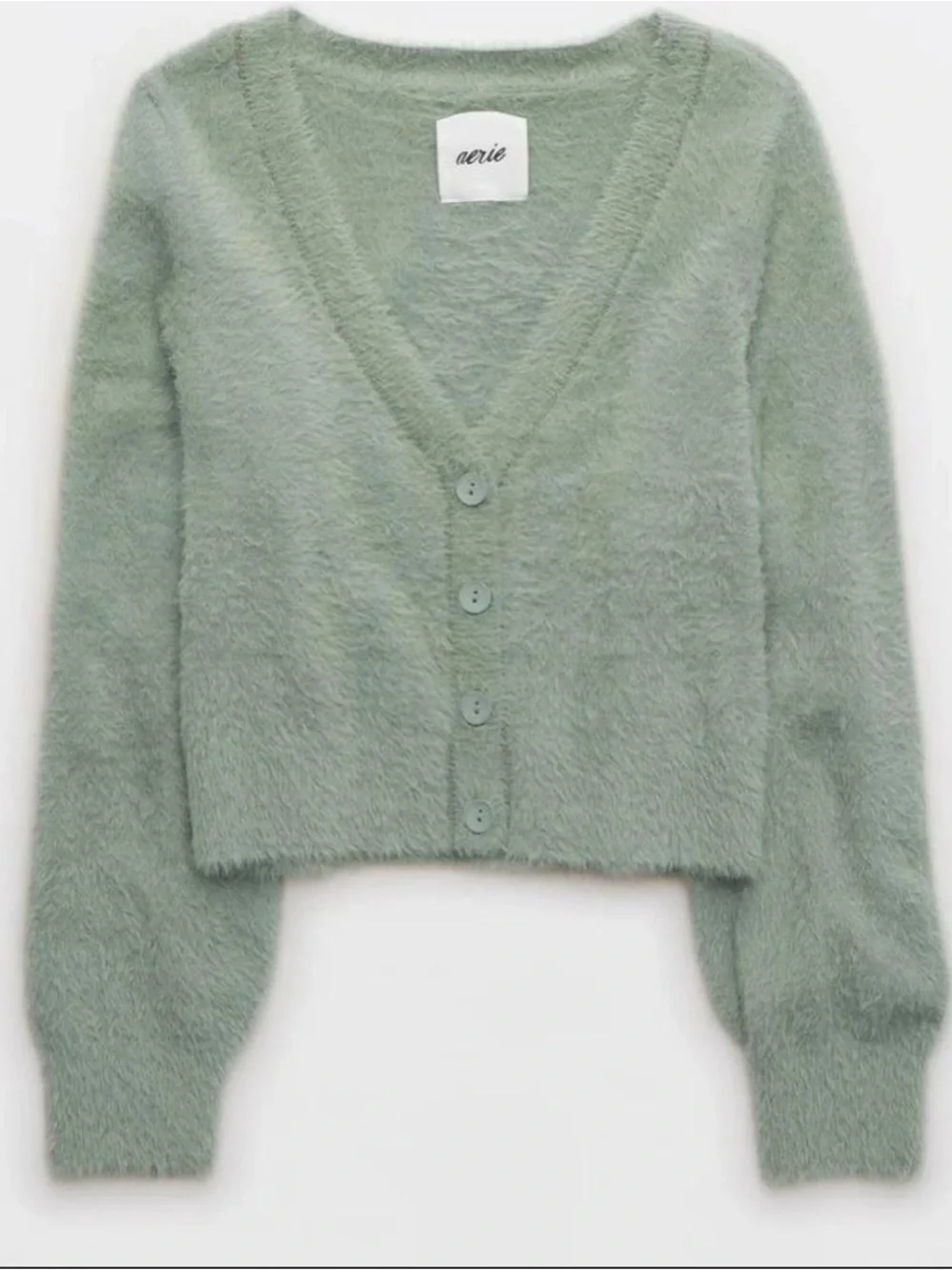 Cropped Fuzzy V-Neck Sweater Cardigan - Sage Green